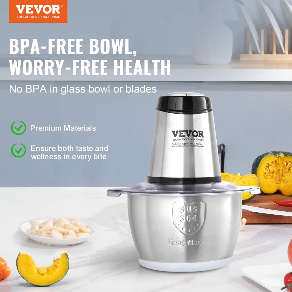 VEVOR Food Processor Electric Meat Grinder with 4 Wing Stainless Steel Blades 400W Electric Food Chopper 8 Cup Stainless Steel Bowl 2 Speeds Food