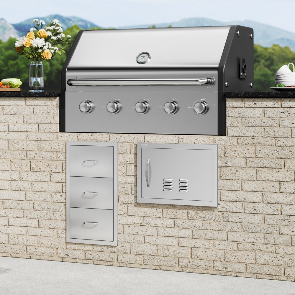 Přístupové dvířka VEVOR BBQ, jednoduché venkovní kuchyňské dveře 508x356 mm, nerezové zapuštěné dveře, svislé nástěnné dveře s klikou a větracími otvory, pro grilovací ostrůvek, grilovací stanici, venkovní skříňku - miniatura 8