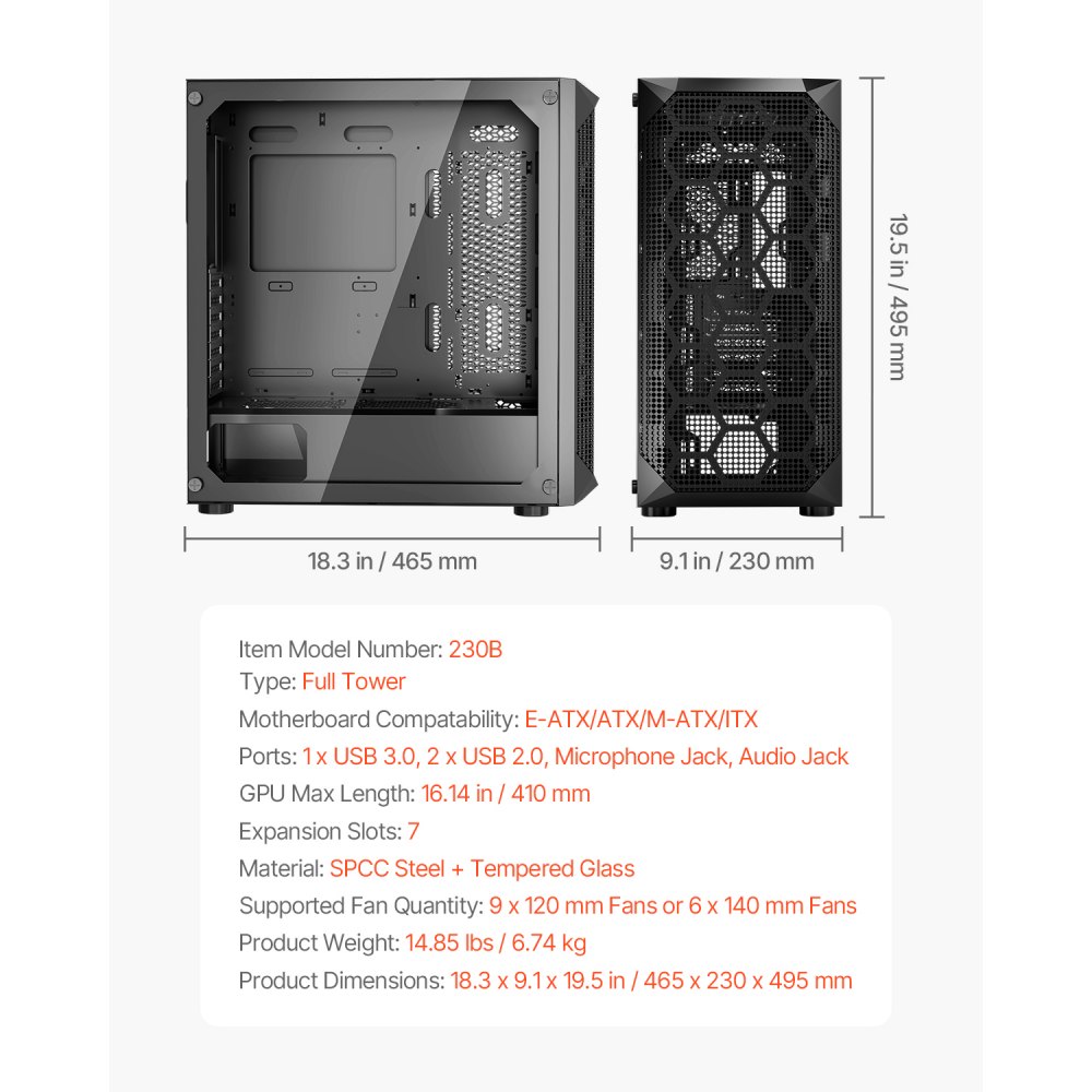 VEVOR ATX Full Tower Computer Case – GPU 410mm, 3 PWM Fans