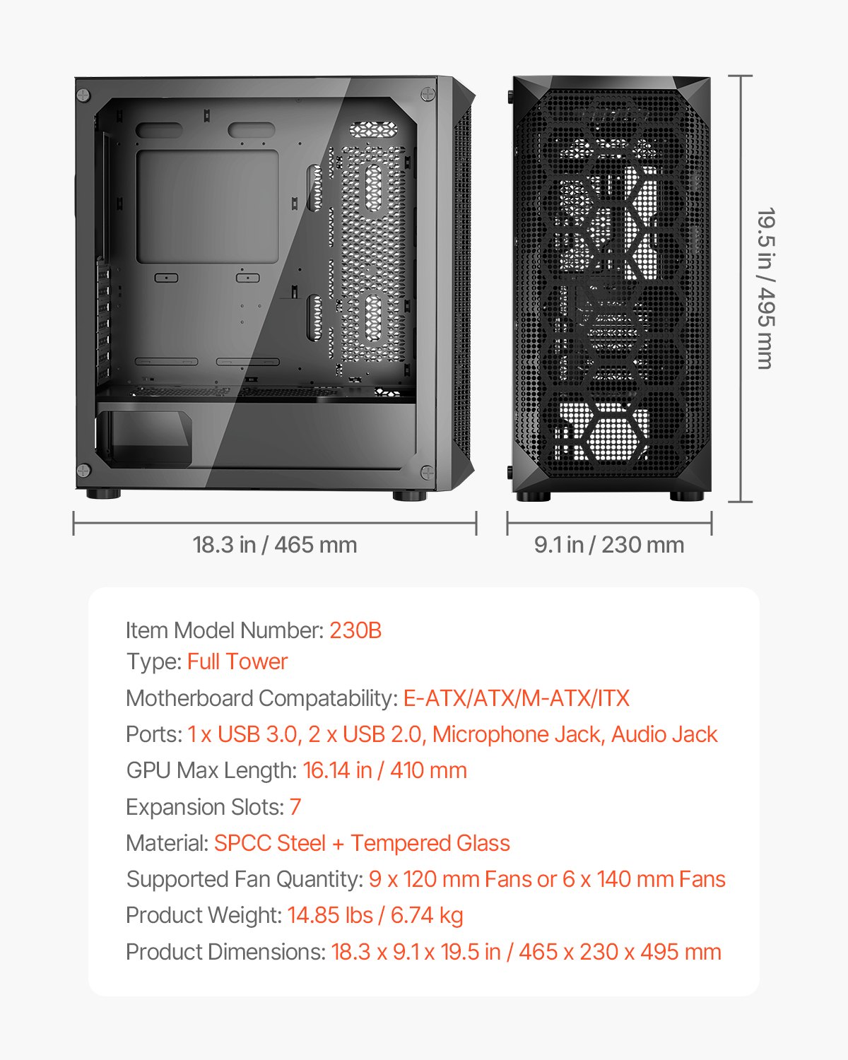 VEVOR ATX Full Tower Computer Case – GPU 410mm, 3 PWM Fans