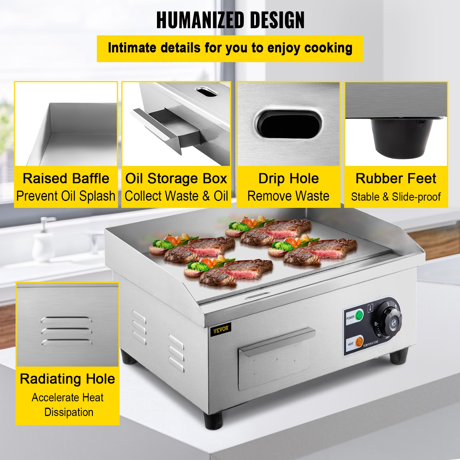 VEVOR 14" Electric Countertop Flat Top Griddle 110V 1500W NonStick