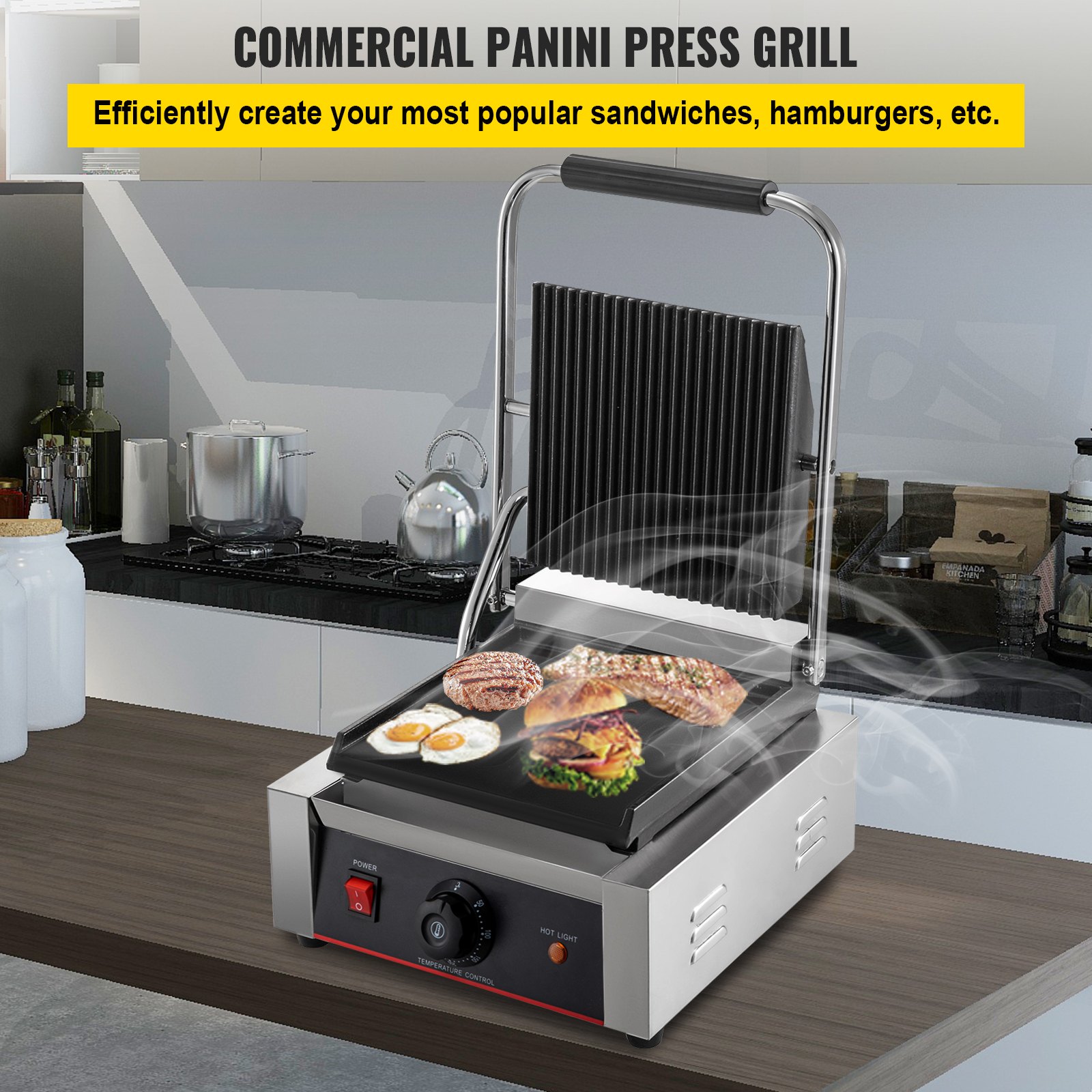 VEVOR Commercial Sandwich Panini Press Grill,110V 1800W Up Grooved and ...