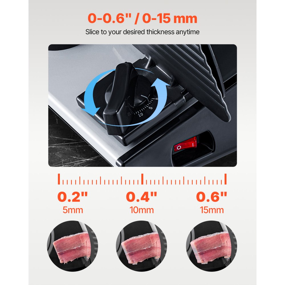 Kráječ masa VEVOR, elektrický kráječ na lahůdky 7,5 palce, 180W kráječ masa se dvěma prémiovými čepelemi SUS420, nastavitelná tloušťka 0-0,6 palce, kráječ masa, tvrdého chleba a sýrů, domácí použití - miniatura 3