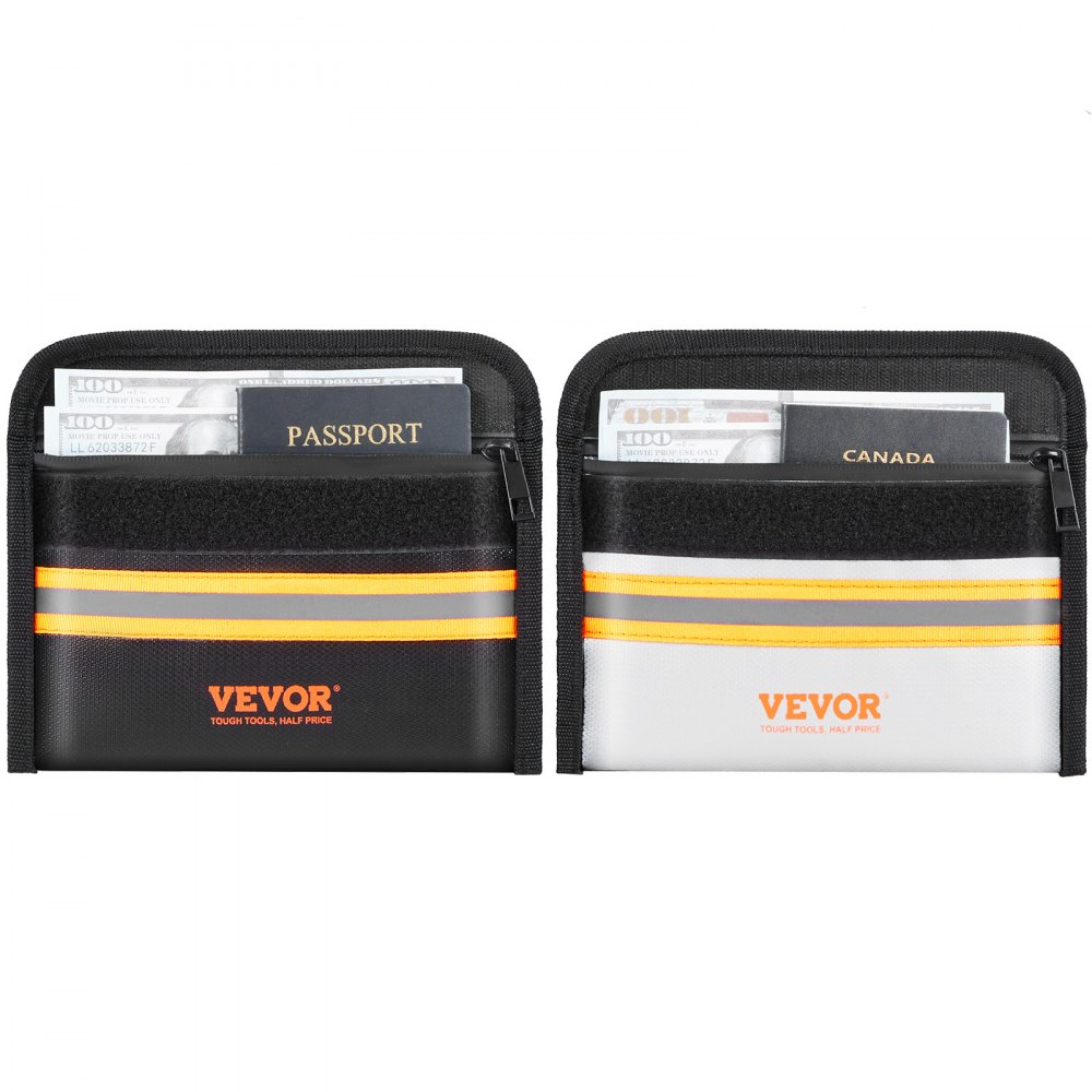 VEVOR Fireproof Document Bag – 2-Pack 8"x5" Waterproof Money Bag, Withstands 2000°F, Zipper Closure & Reflective Strip, For Passports, Cash, Jewelry & IDs