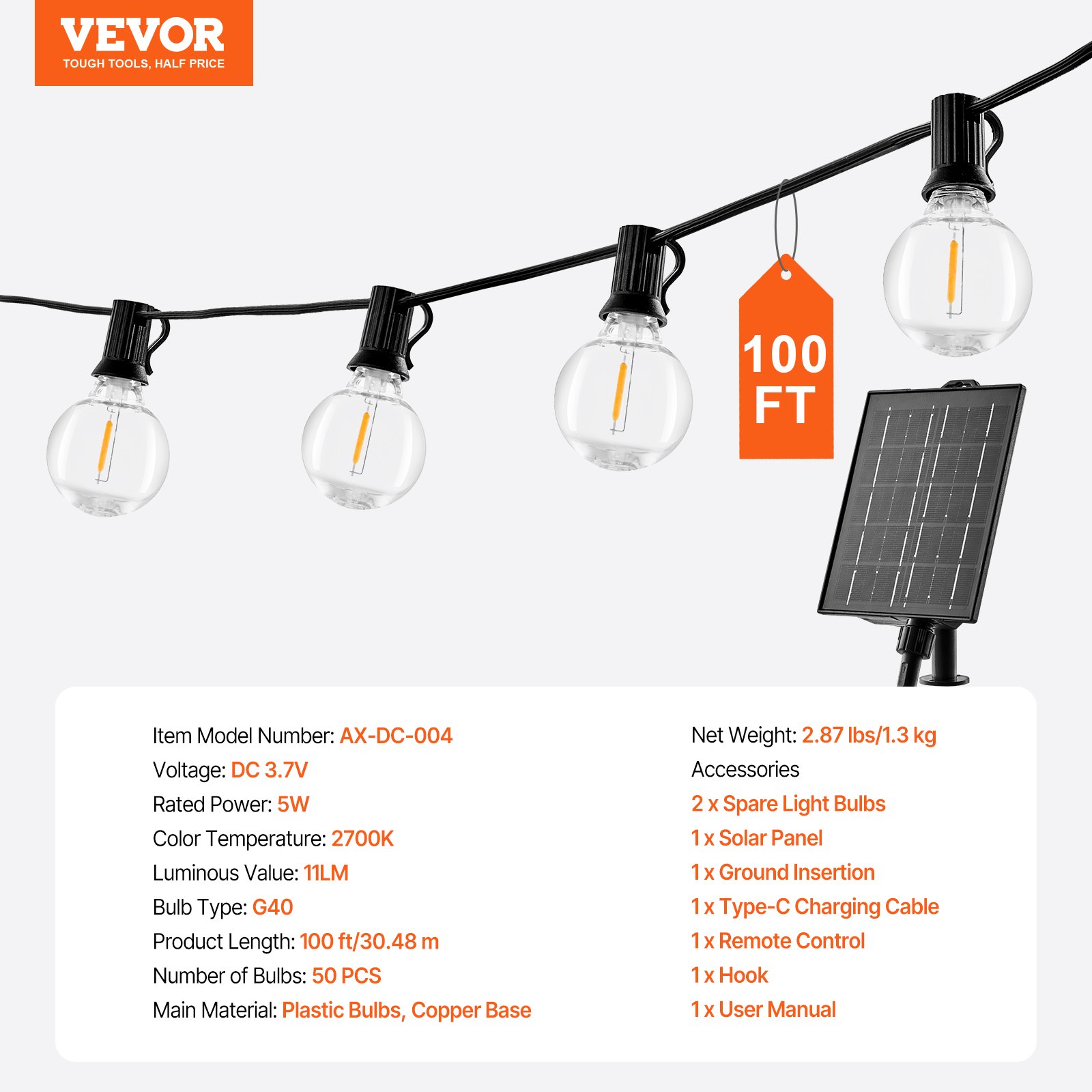 VEVOR Hanging String Lights — Solar Outdoor Patio Decor