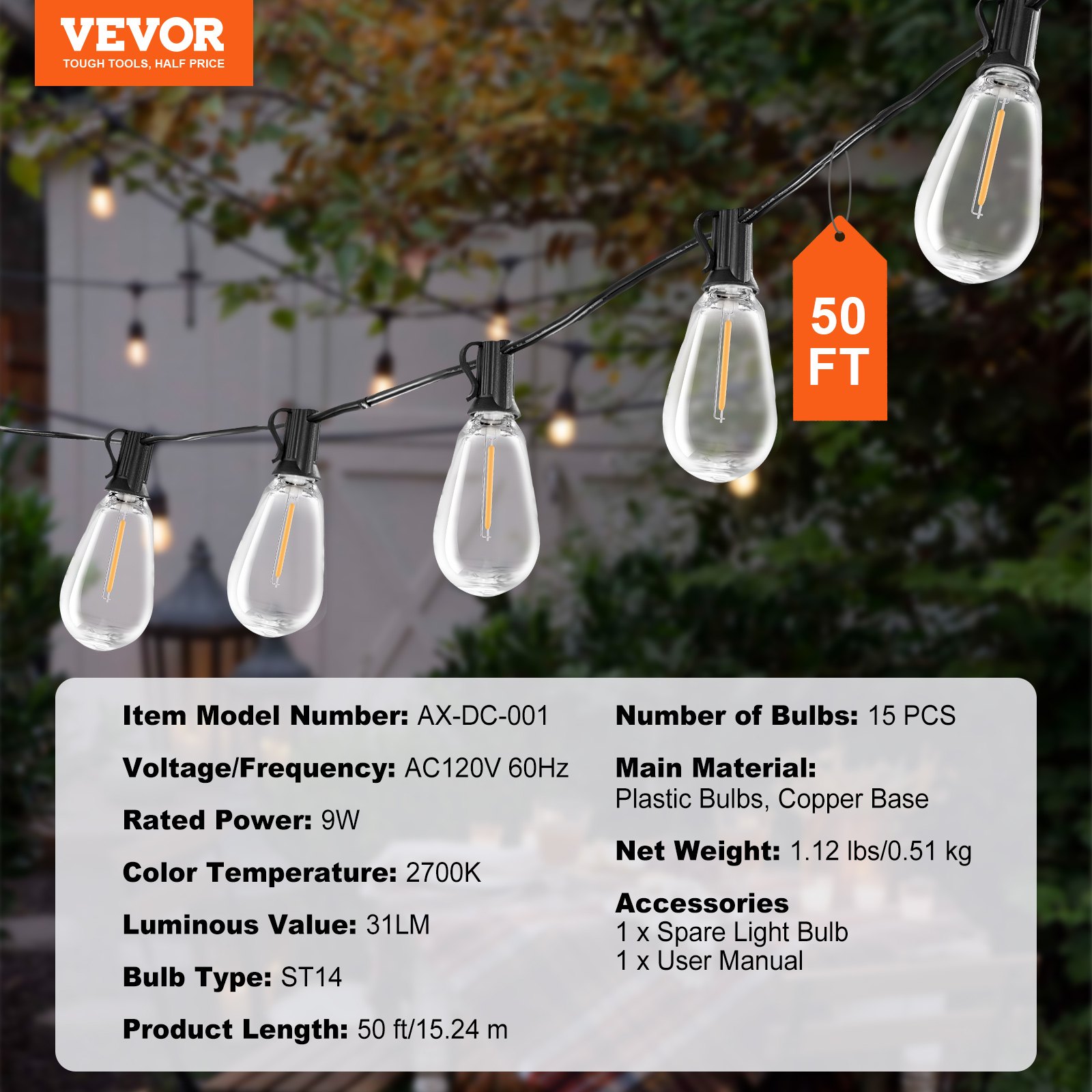 VEVOR 50 FT Outdoor String Lights – 15 Bulbs, 2700K Light