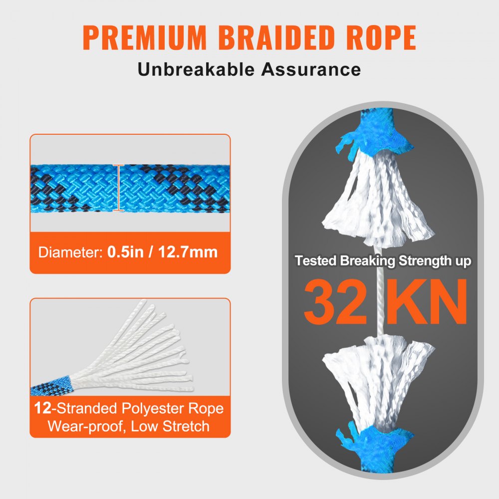 VEVOR 12.7mm Static Climbing Rope, 60.9M(200ft) Outdoor Rock Climbing ...