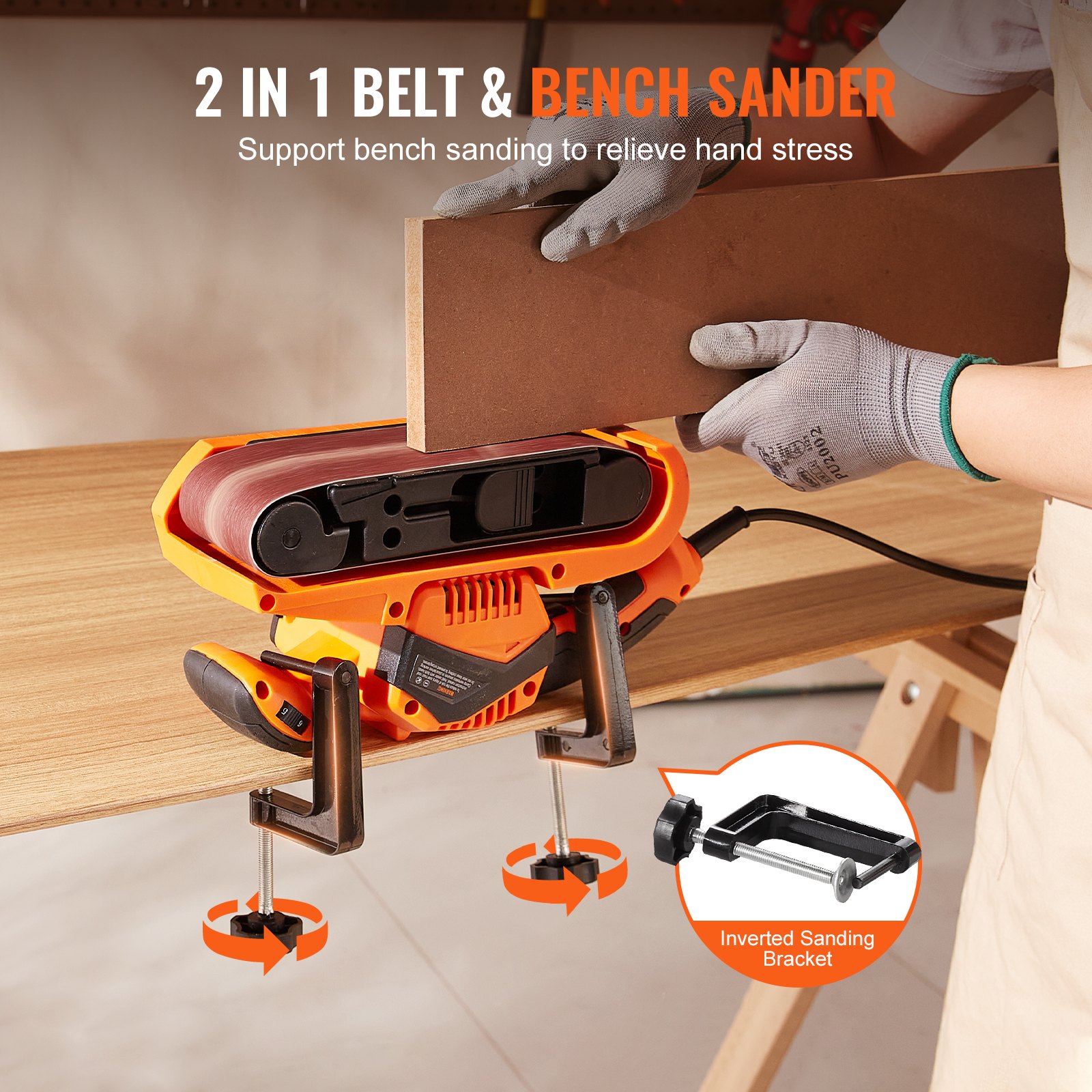 VEVOR 7AMP Belt Sander – 3" X 21" Belt, 6 Speeds (152-320 M/min), 750W, Dust Bag & Vacuum Adapter – Bench Sander Mode – 80 Grit Belt Included
