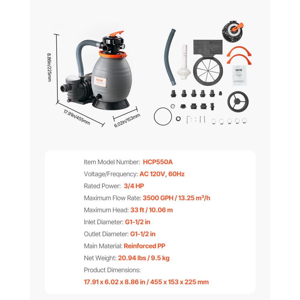 VEVOR Above Ground Swimming Pool Sand Pump – 3500 GPH,13 In