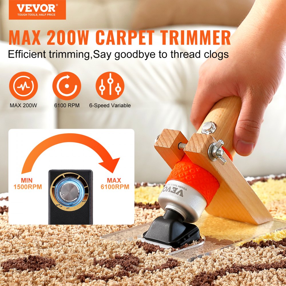 VEVOR Carpet Trimmer with Shearing Guide, 200W Electric Speed Adjustable Rug Carver, Tufting