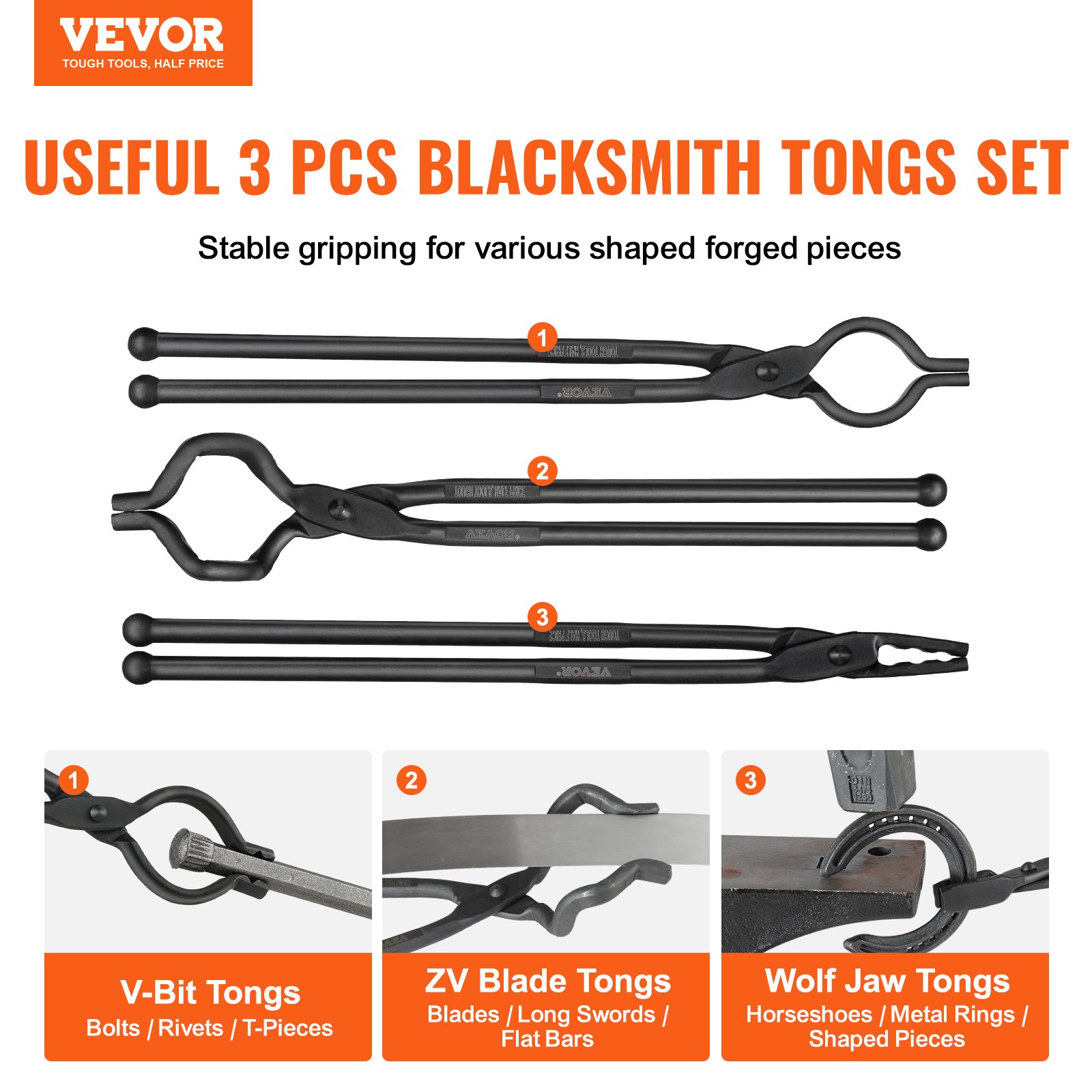 VEVOR Blacksmith Tongs, 3 PCS, V-Bit Bolt Tongs, Wolf Jaw Tongs and Z V ...