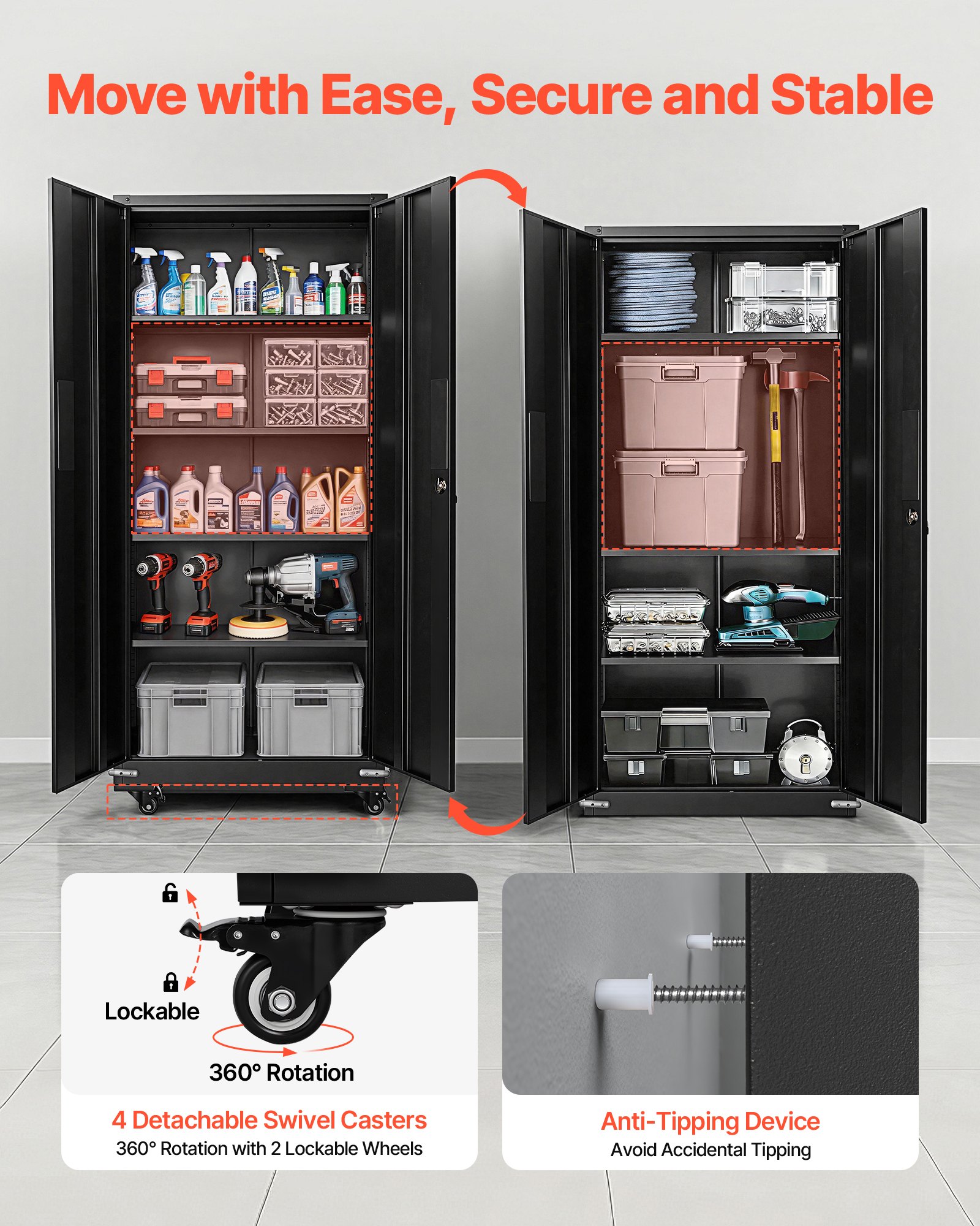 Storage Save VEVOR Metal Storage Cabinet 72.6 in Rolling Steel Garage Cabinet Black ...