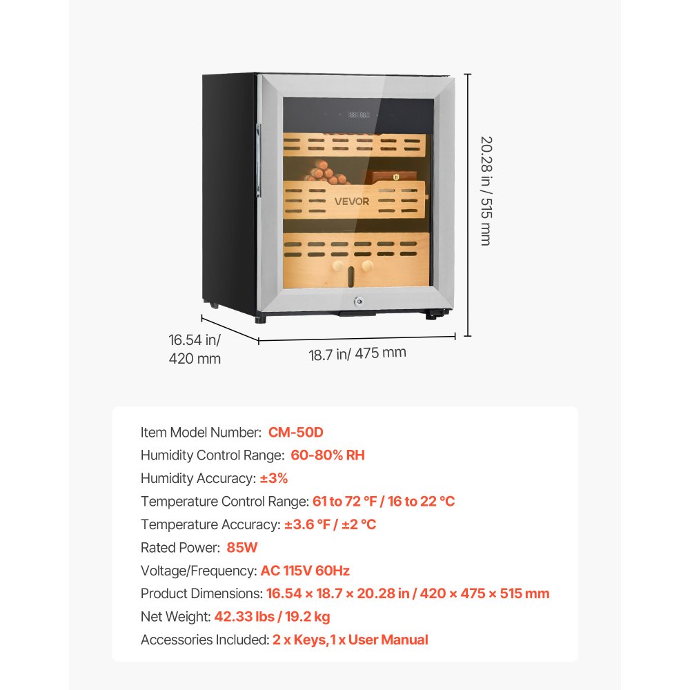 VEVOR Electric Humidor, 50L, 300 Counts Electric Cigar Humidor Cabinet ...