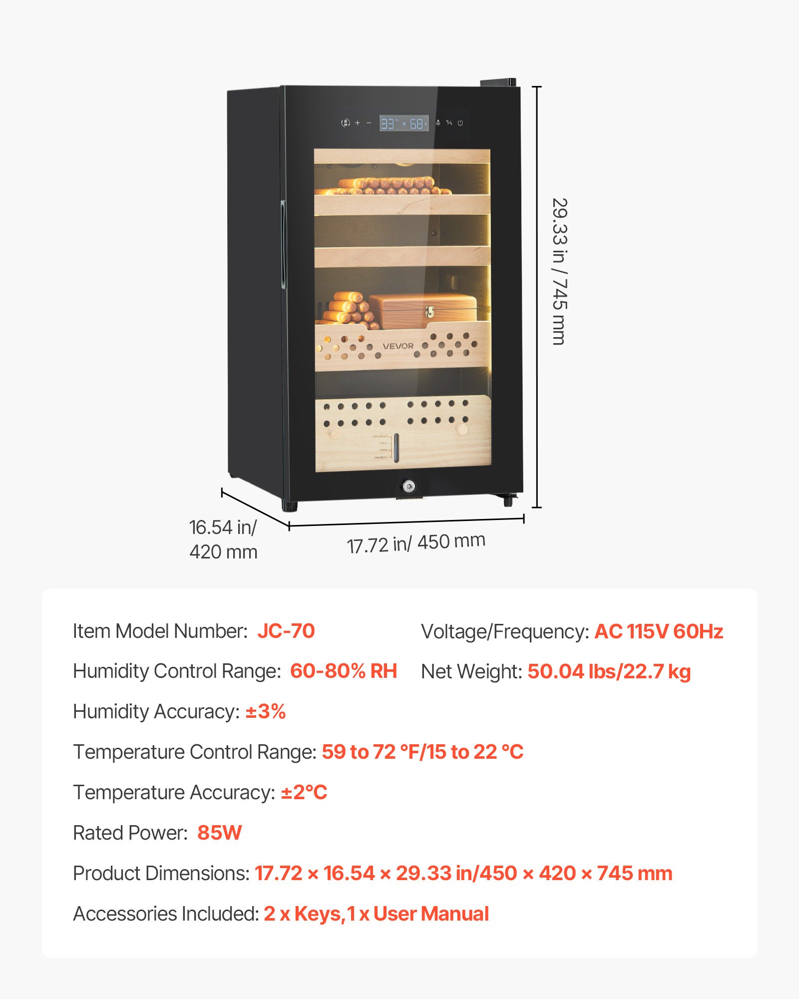 VEVOR Electric Humidor, 70L, 400 Counts Electric Cigar Humidor Cabinet ...
