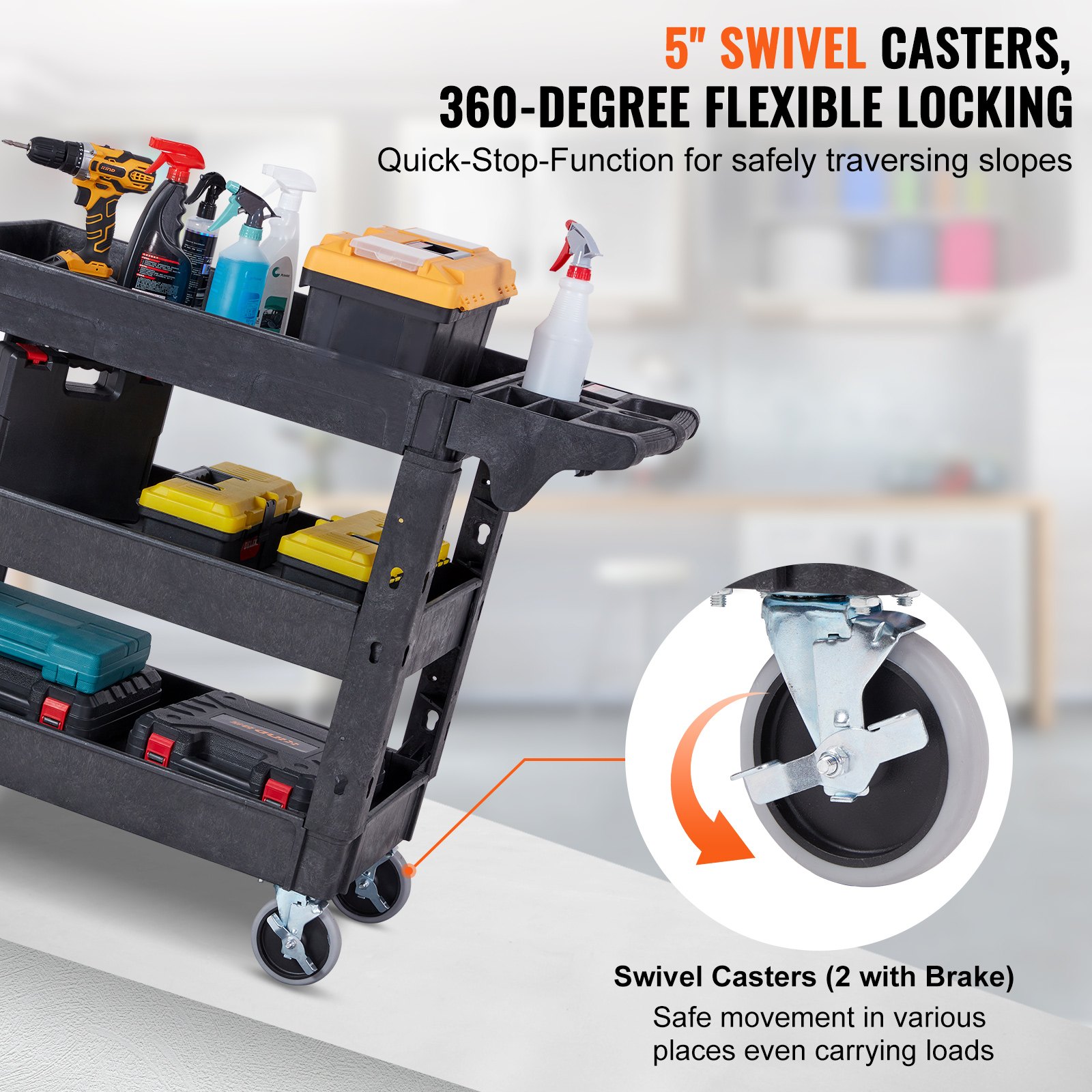 VEVOR Utility Service Cart, 3 Shelf 550LBS Heavy Duty Plastic Rolling ...