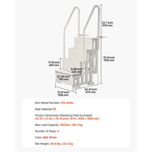 4-Step White Pool Ladder of Double Handrails Supports 400 lb for 48-54 ...