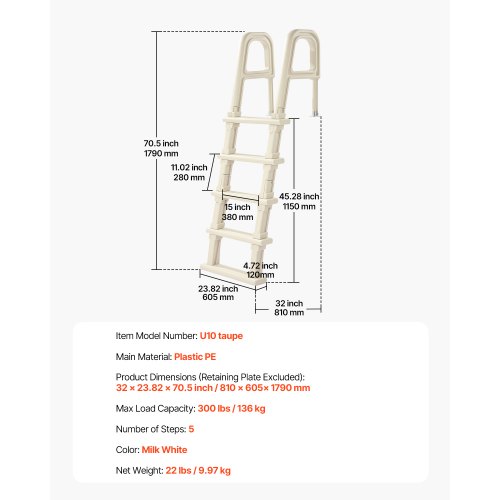 Pool Rope Ladders Inclined Pool Ladder 5-Step & 2 Handrails of 300 lb Capacity for 48-54 ...