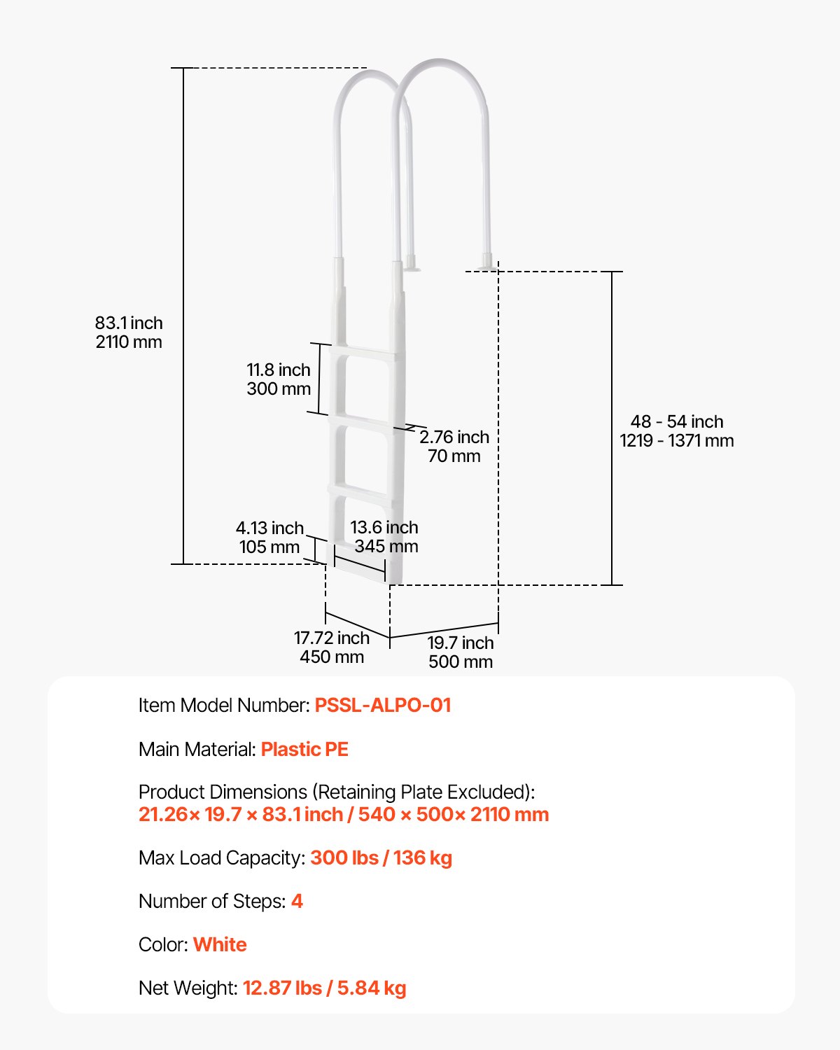 VEVOR Swimming Pool Ladder, 4-Step Double Handrails Stair, Non-slip ...