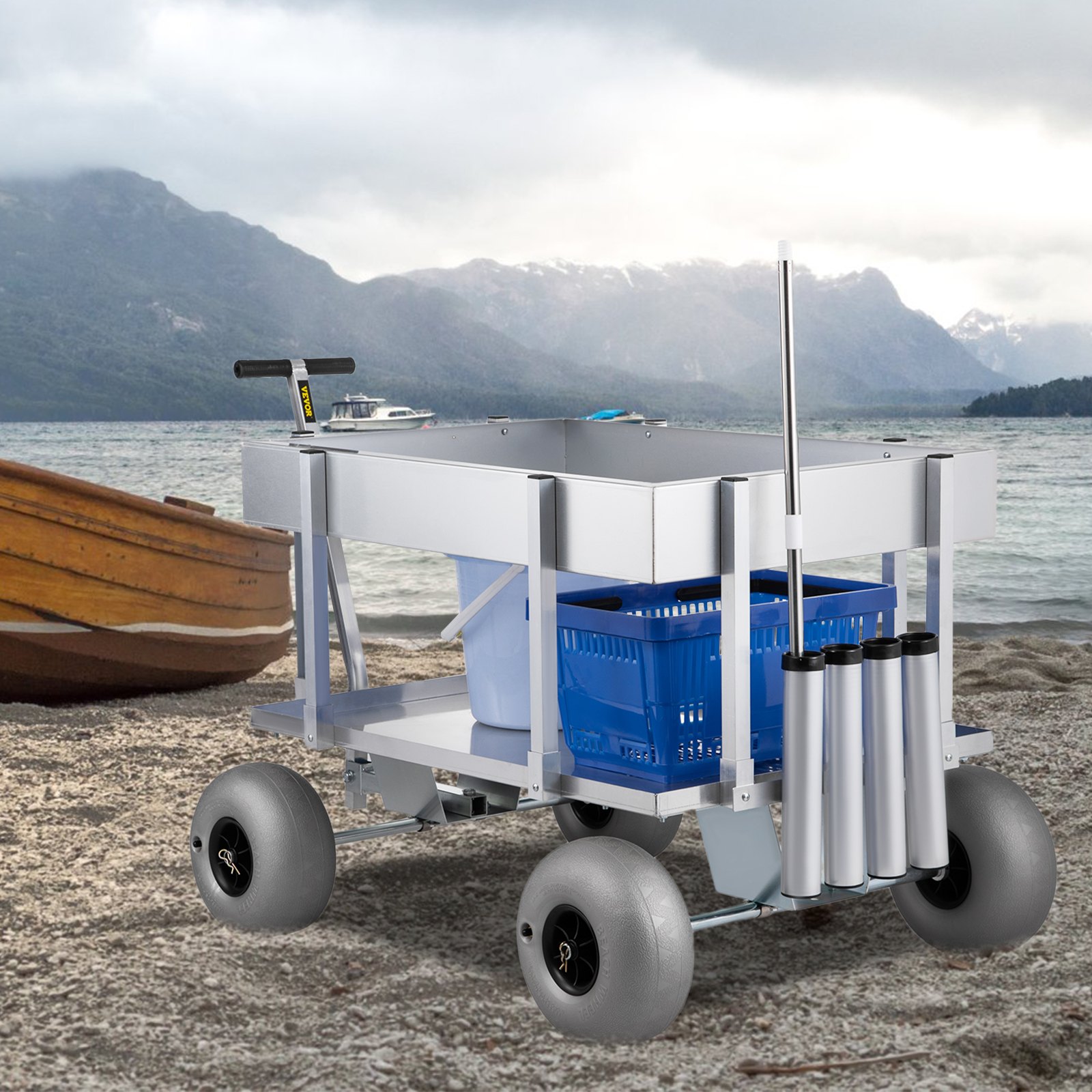 VEVOR Beach Fishing Cart Fish & Marine Carts w/ Balloon Tires for Sand ...