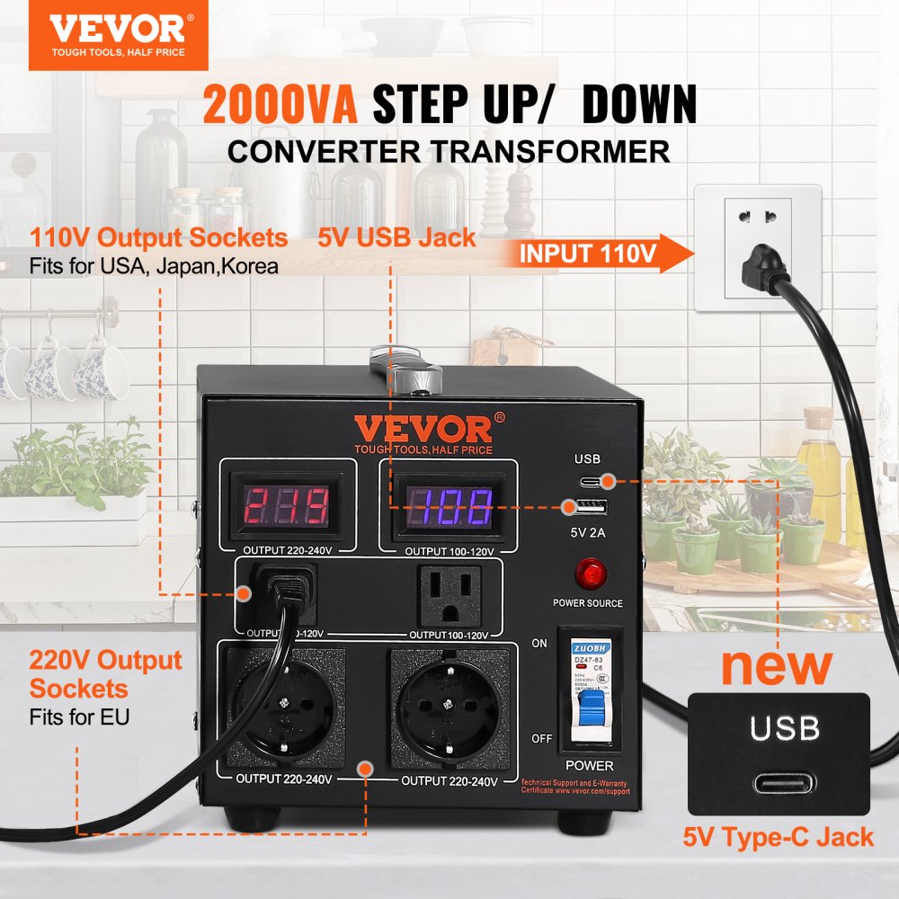 VEVOR Voltage Converter Transformer, 2000W, Heavy Duty Step Up/Down