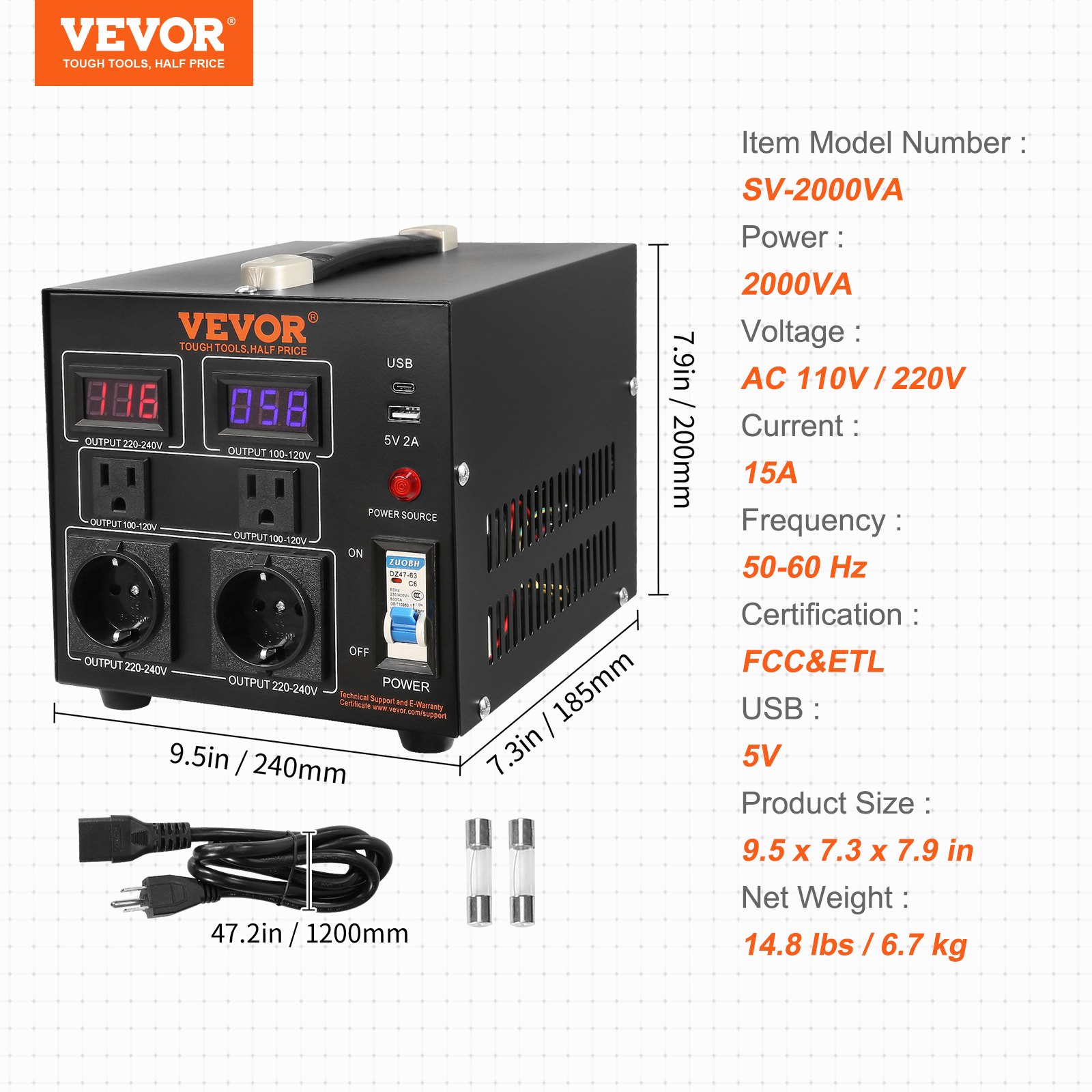 VEVOR Voltage Converter Transformer, 2000W, Heavy Duty Step Up/Down ...