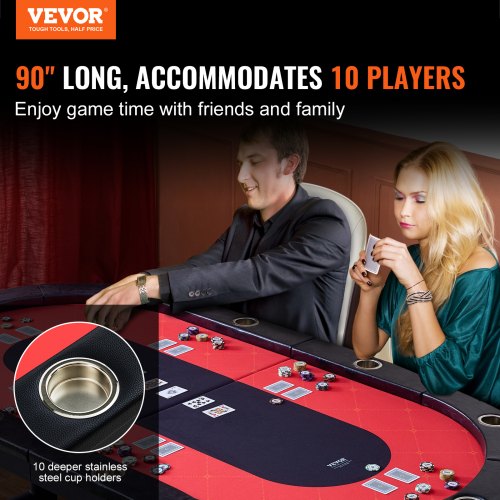 Inklapbare Pokertafel voor 10 Spelers – 215 x 110 cm – Inklapbare Stalen Poten – Elleboogsteun Kunstleer – Racetrack Hout – 10 Bekerhouders – Zwart