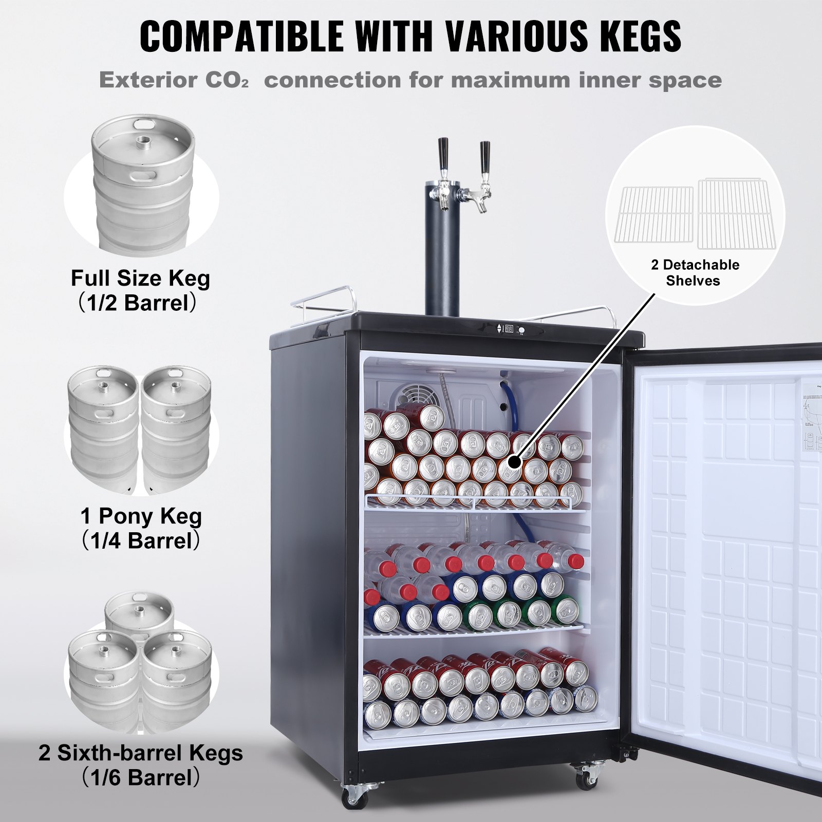 VEVOR Beer Kegerator, Dual Tap Draft Beer Dispenser, Full Size Keg ...