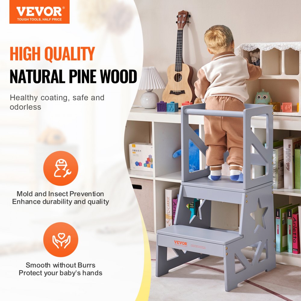 VEVOR Toddler Step Stool, Natural Pine Wood Kids Kitchen Stool Helper ...