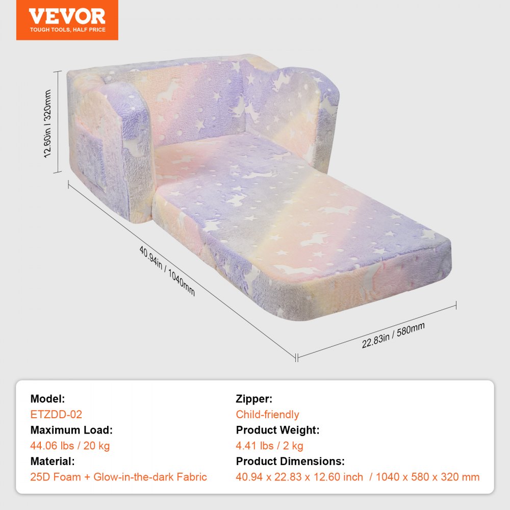 Kids 2-in-1 Flip Open Toddler Couch - Converts To Lounger, Sturdy Wooden Frame, High-Density Sponge, Detachable Cover