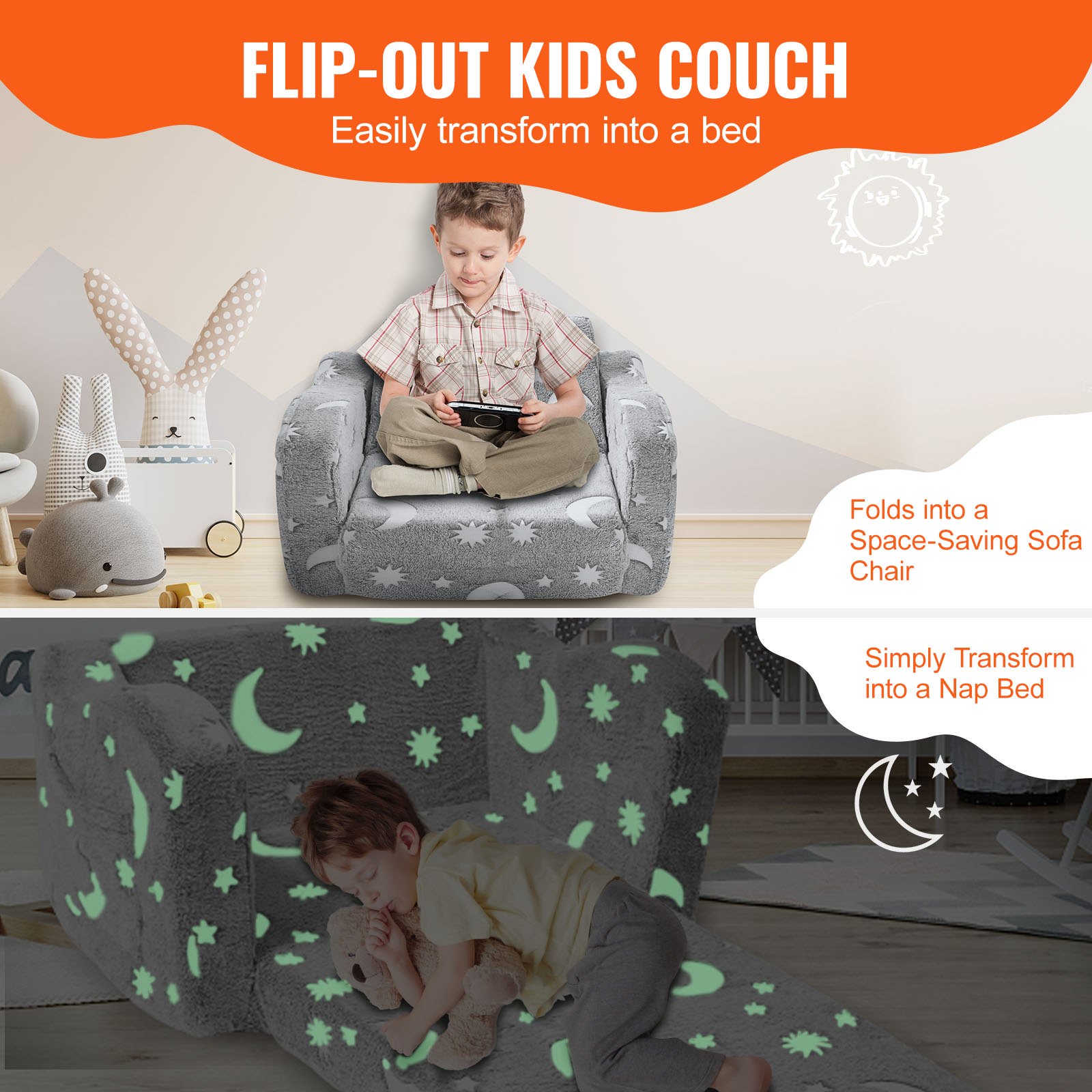 VEVOR Fold Out Kids Sofa, Glow In The Dark Kids Couch Chair, 2  In 1 Children Convertible Sofa To Lounger, Extra Soft Flip Out Toddler Couch For Siting And Sleeping, For Bedroom And Playroom