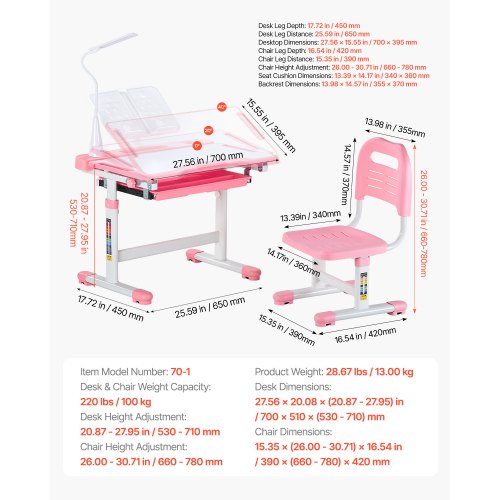 Costway - Bureau Enfant Réglable Avec Lampe LED - Bureau Inclinable 0 40hauteur Rglablecharge Maximale 80kg Rose 40215615 Costway - Bureau Enfant Réglable Avec Lampe LED - Bureau Inclinable 0 40hauteur Rglablecharge Maximale 80kg Rose 40215615