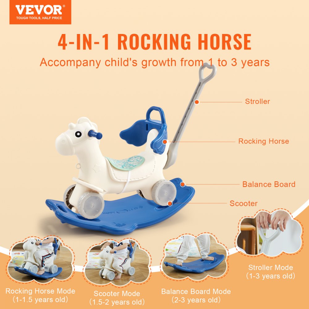 Baby Rocking Riding VEVOR 4 in 1 Rocking Horse for Toddlers 1-3 Years, Baby Rocking Horse ...