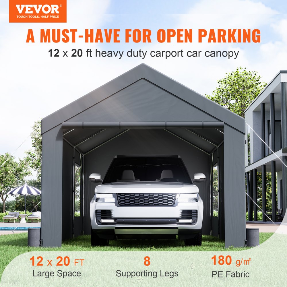 VEVOR Carport, Heavy Duty 12x20ft Car Canopy, Outdoor Garage Shelter with  Removable Sidewalls, Roll-up Ventilated Windows & Door, UV Resistant