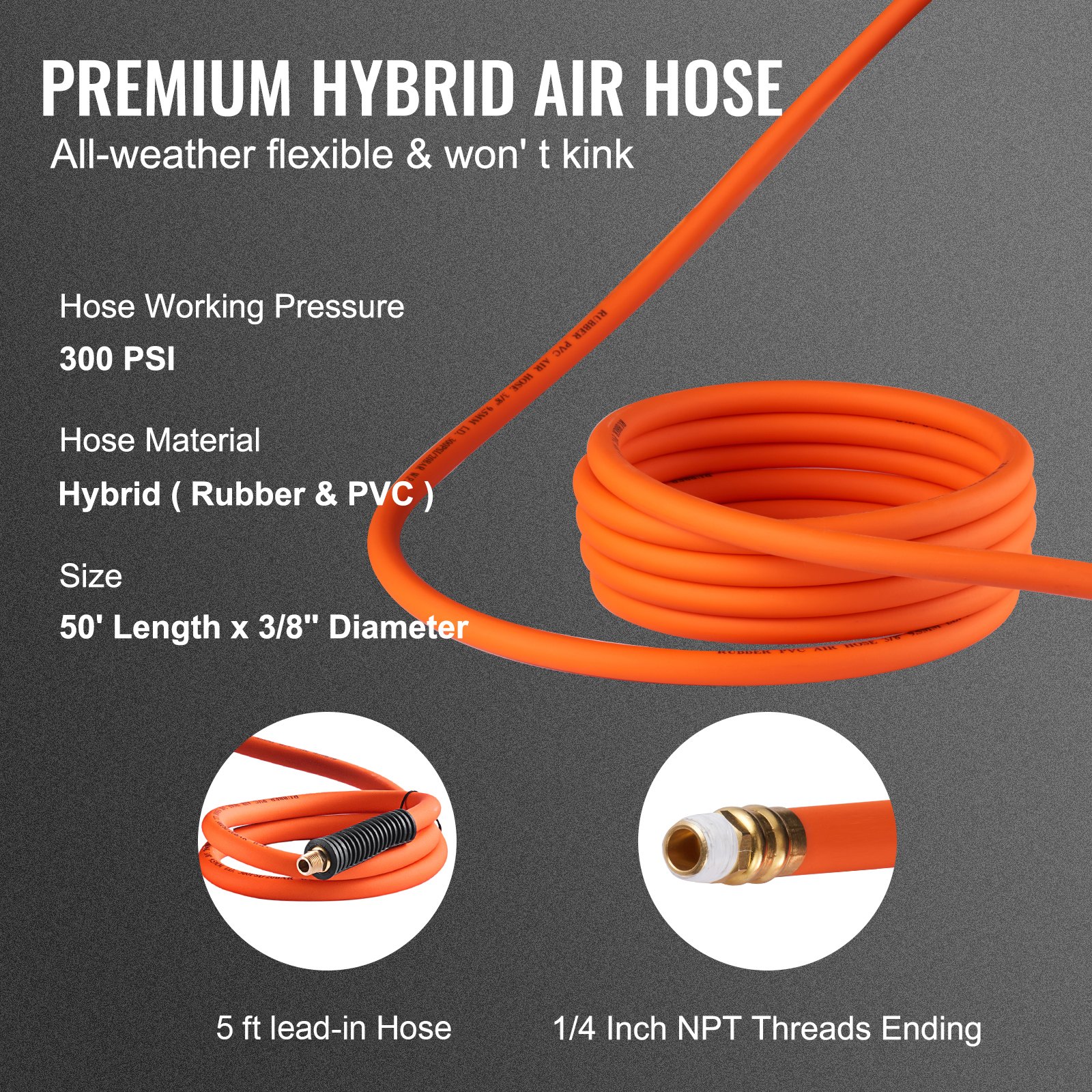 Ceiling Hoses VEVOR Retractable Air Hose Reel, 3/8 IN x 50 FT Hybrid Air Hose Max ...