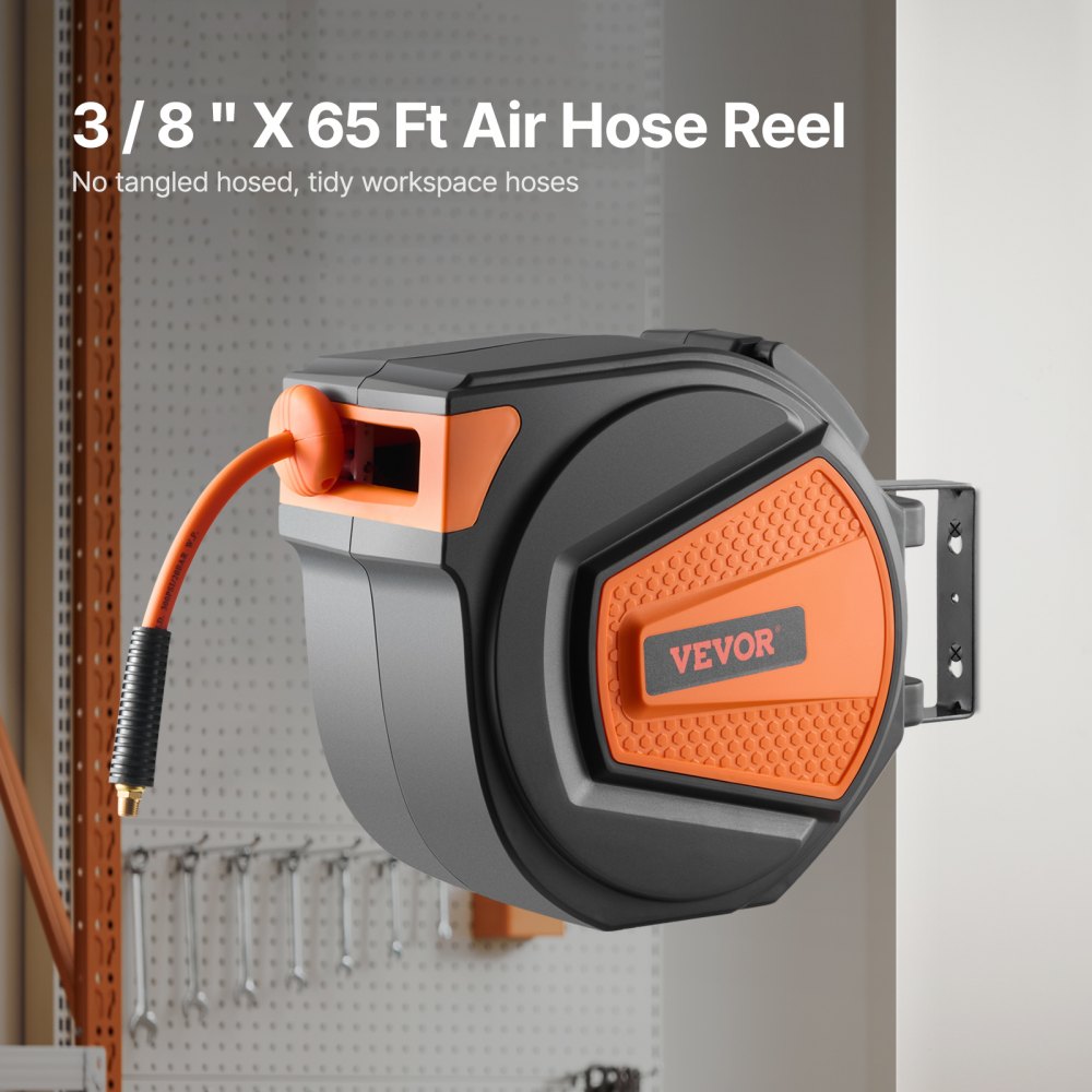 thumbnail interactive-video image 1 of VEVOR 50-Foot Retractable Air Hose Reel - 3/8 Inch Hybrid Hose, 300 PSI, Wall/Ceiling Mount For Workshop & Garage 1 of 4
