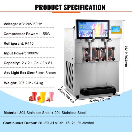 VEVOR Commercial Slushy Machine, 8L / 2.1 Gal Double Bowl VEVOR Commercial Slushy Machine, 8L / 2.1 Gal Double Bowl