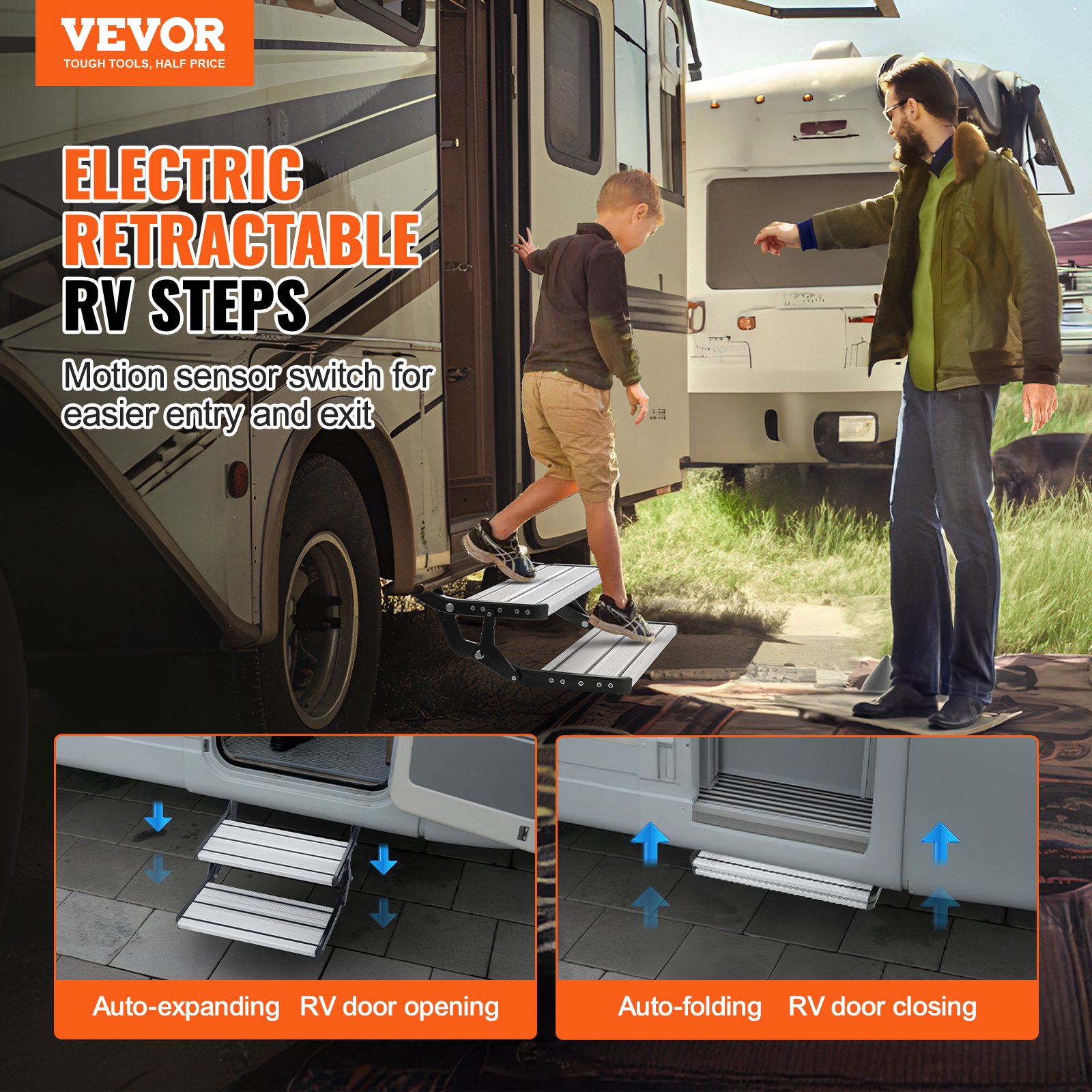VEVOR RV Steps, 2-Step, Electric Retractable RV Stairs DC 12V, Auto ...