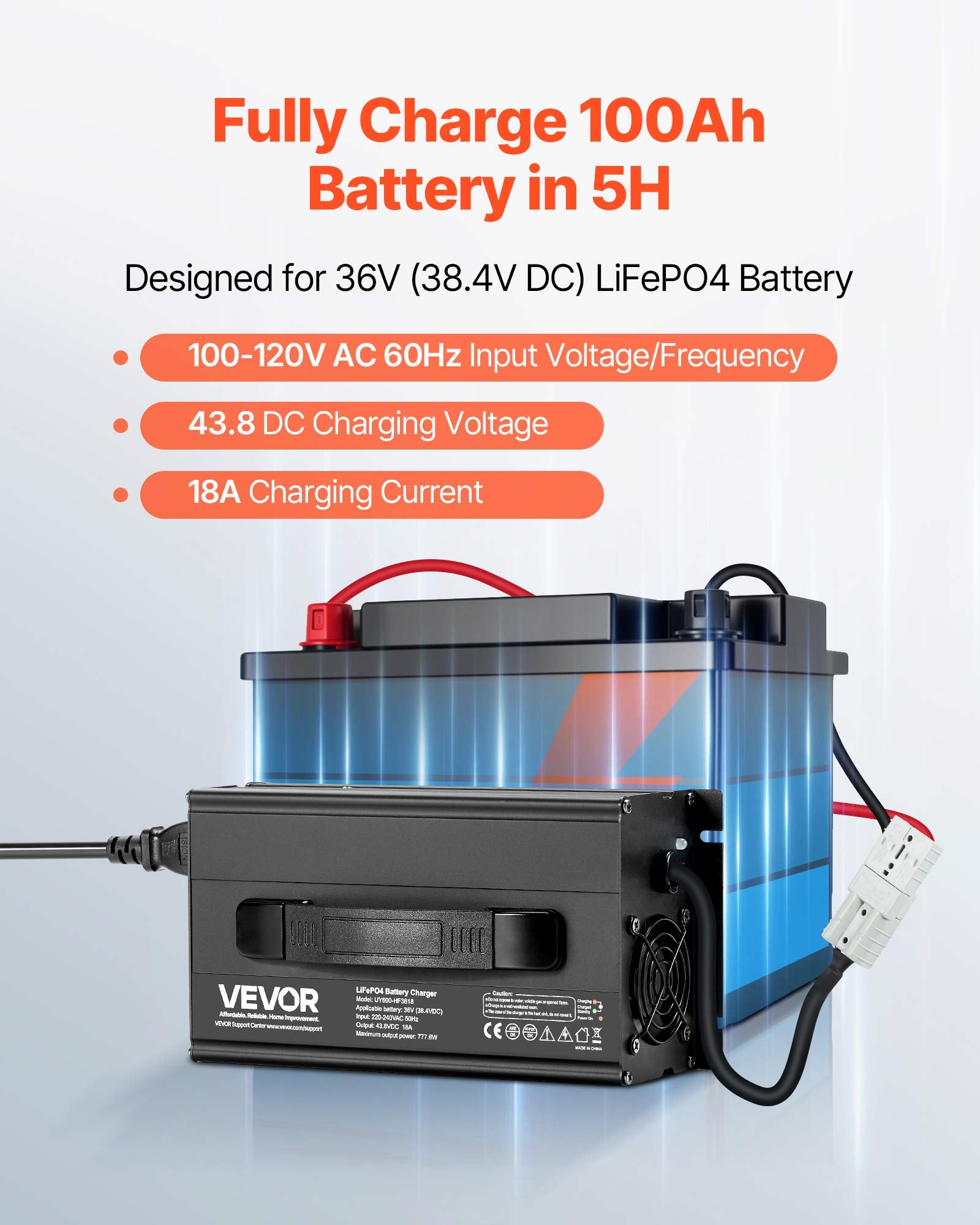 VEVOR 36V 18A Lithium Battery Charger, 43.8V, AC-DC LiFePO4 Smart ...
