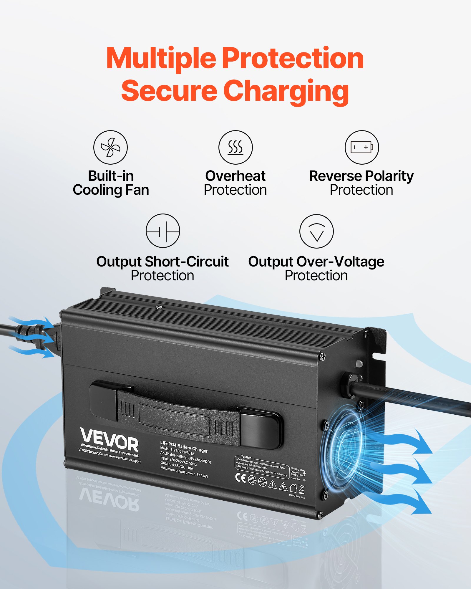 VEVOR 36V 18A Lithium Battery Charger, 43.8V, AC-DC LiFePO4 Smart ...