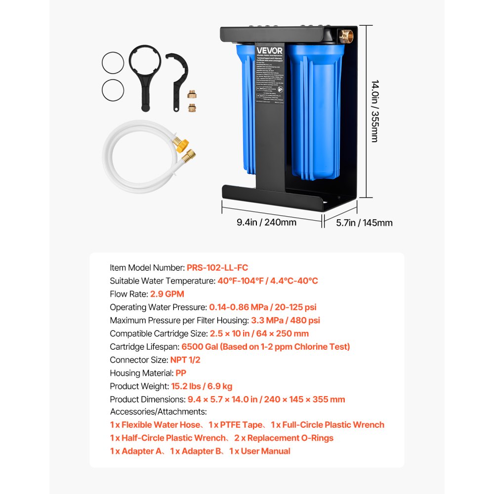 Water Pur Rv Filter VEVOR RV Water Purification System – 2-Cartridge, 2.9 GPM