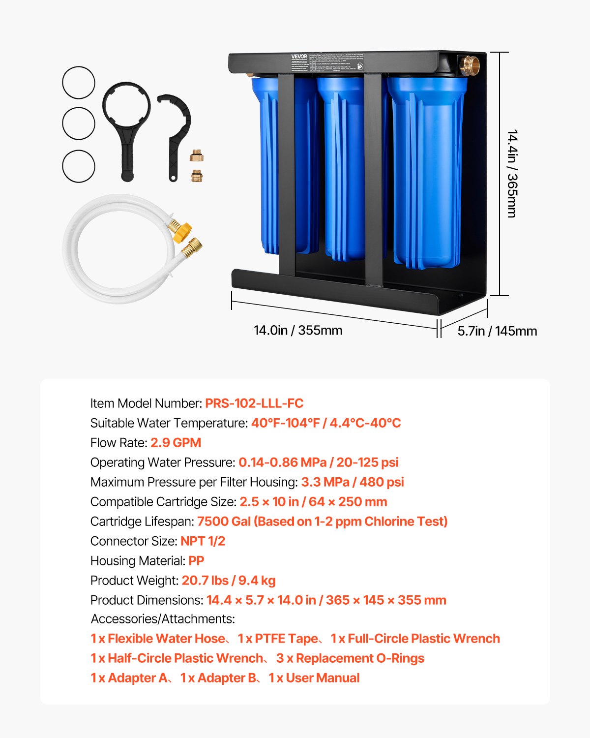 VEVOR Water Filter for RVs - 3-Stage, 7,500 G, 40°F to 104°F