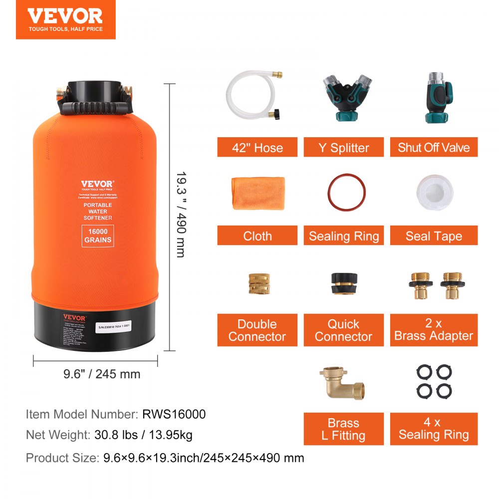 VEVOR RV Water Softener, 16,000 Grain Portable Water Softener, with 3/4