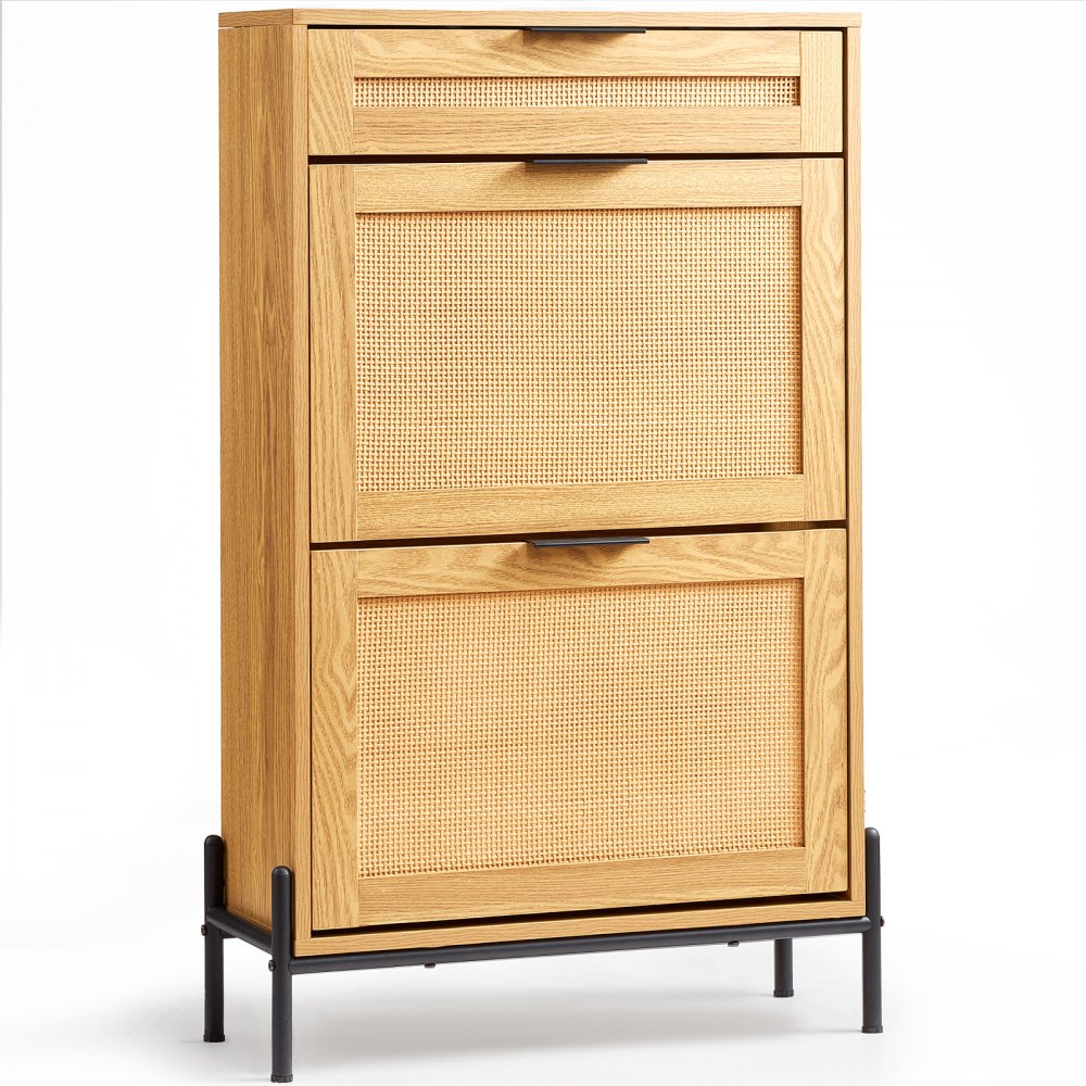VEVOR Rattan Shoe Cabinet Shoe Organizer 2 Flip Drawers & 1 Slide Drawer Black main image 1