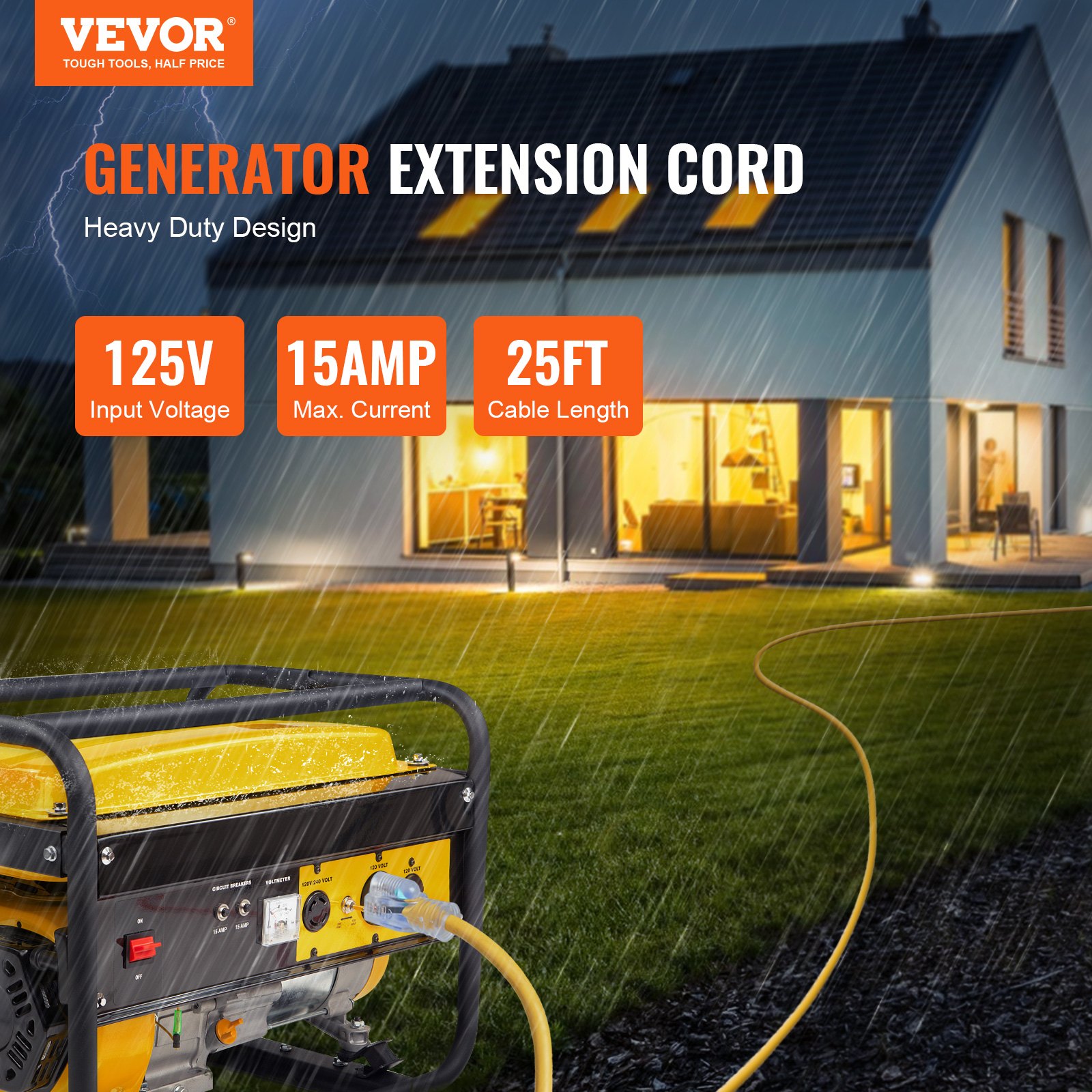 VEVOR 15Amp Generator Extension Cord, 25 Feet, 125V 1875W Heavy Duty