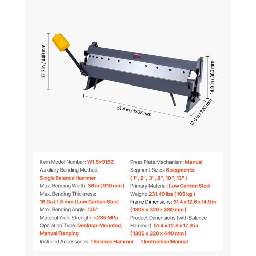36 in Box and Pan Brake 0-135° 16 Ga Sheet Metal Bending Brake Bender 6 ...