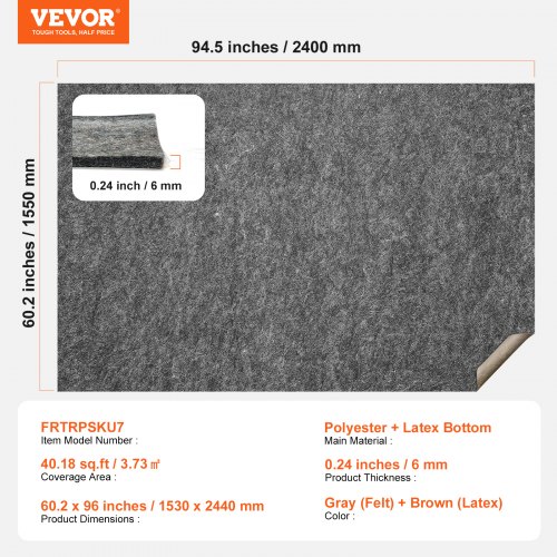 VEVOR Rug Pad Gripper, beschermmat voor tapijten 2750 x 3660 mm, dikte 12 mm dubbelzijdig vilt, bereik 10-11㎡ comfort premium ondervoetvulling, grijs VEVOR Rug Pad Gripper, beschermmat voor tapijten 2750 x 3660 mm, dikte 12 mm dubbelzijdig vilt, bereik 10-11㎡ comfort premium ondervoetvulling, grijs