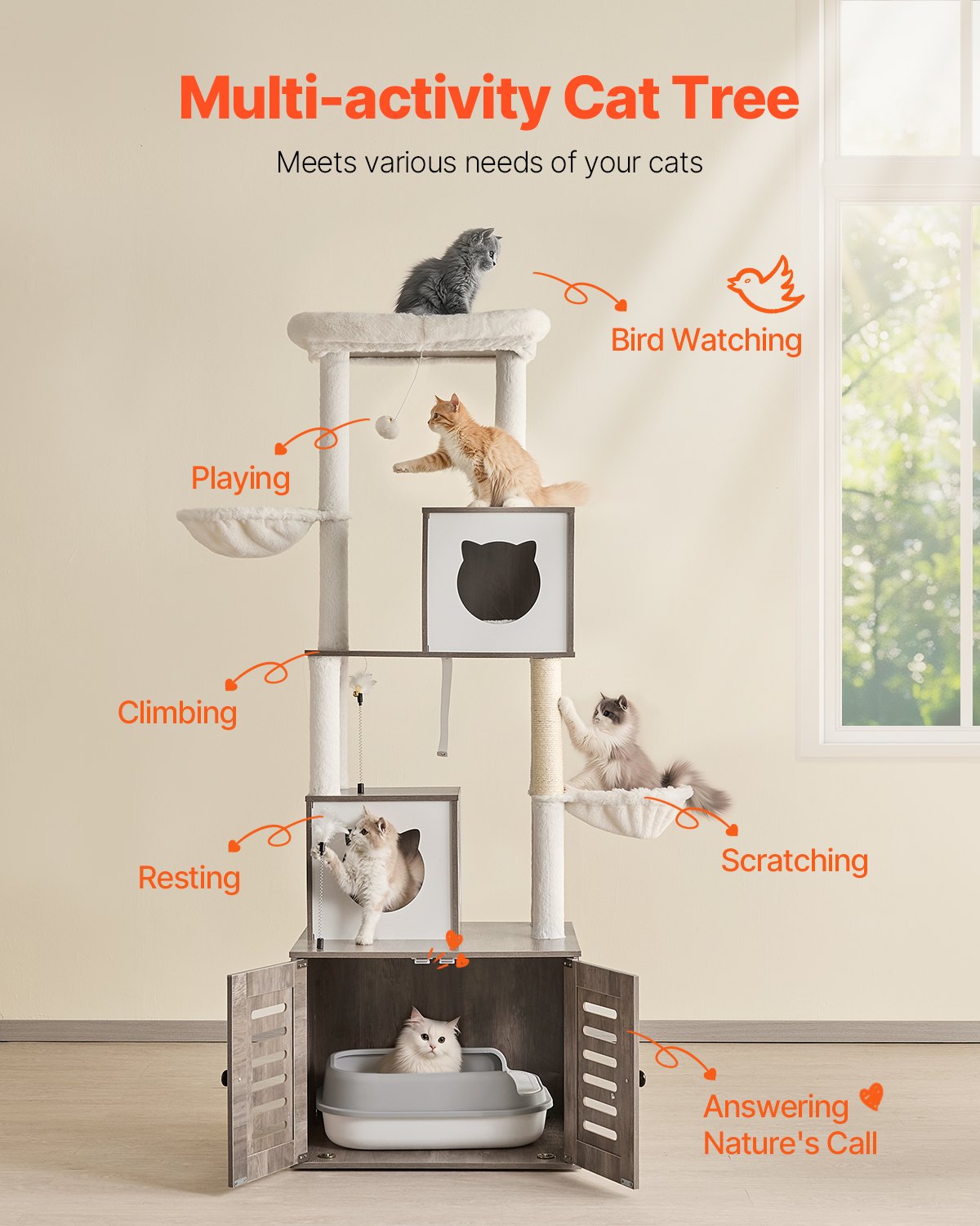 VEVOR Large Cat Tree with Litter Box Enclosure, 72.83 inches Tall, 2-in ...