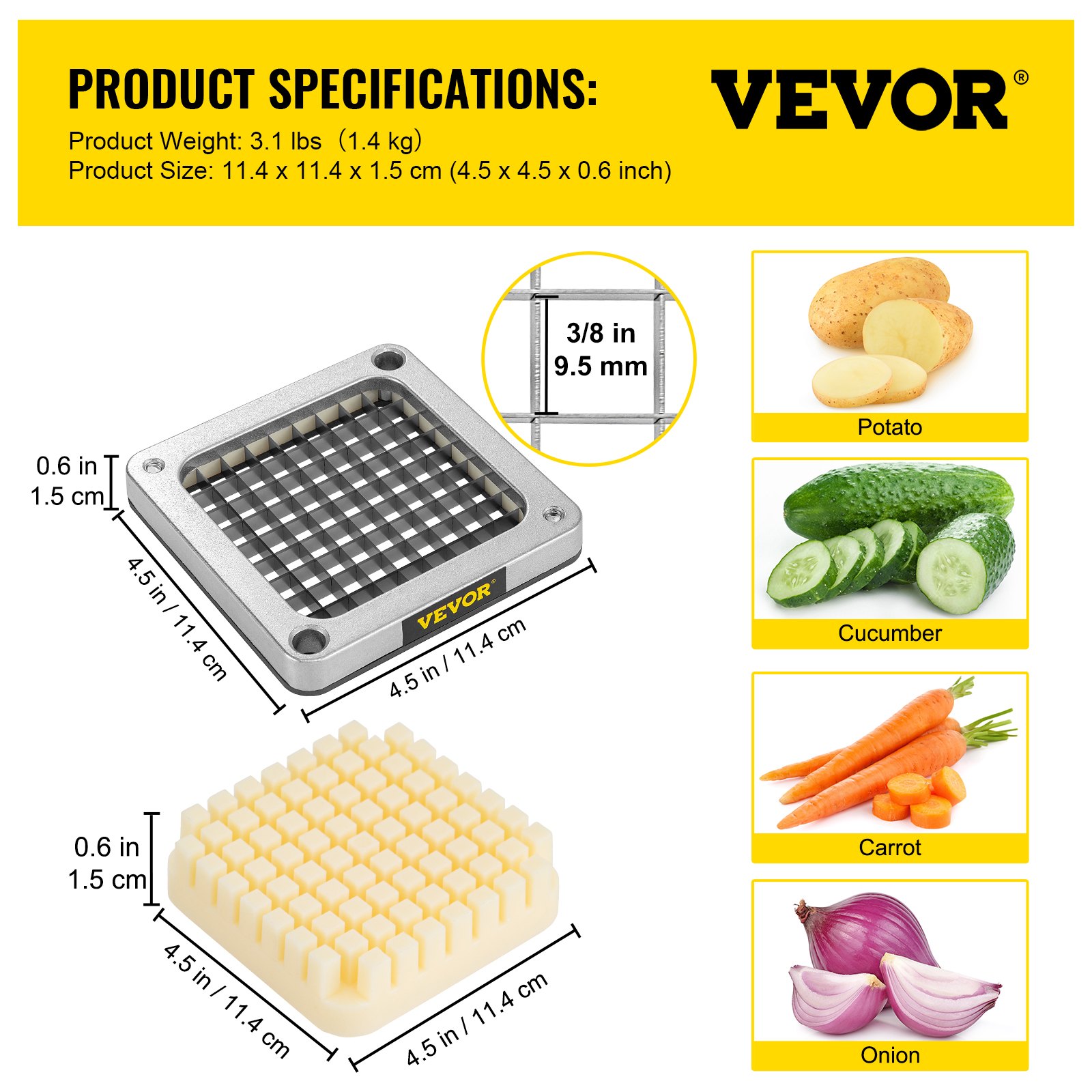VEVOR French Fry Cutter Chopper Replacement Blade & Push Block 3/8-inch ...