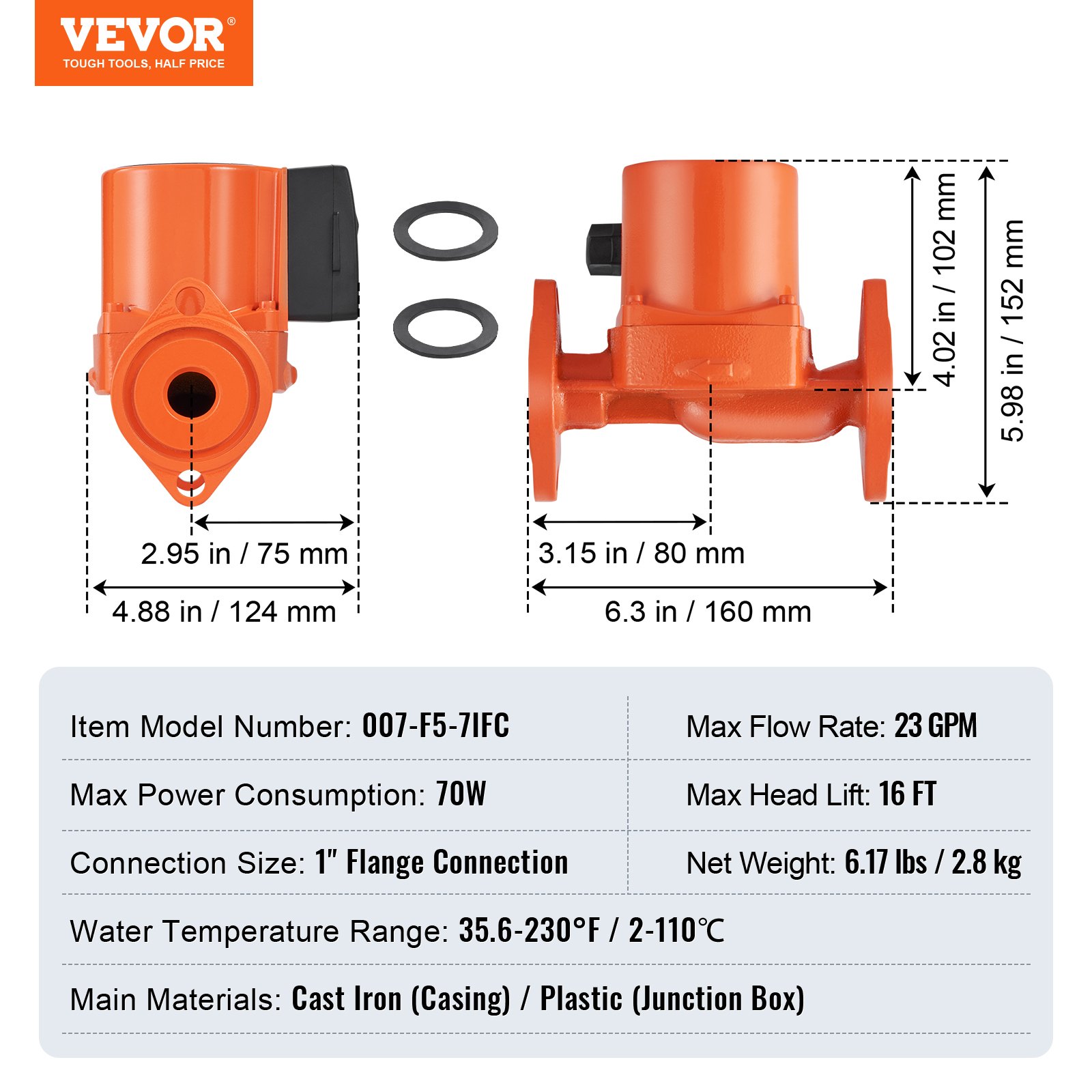 VEVOR 007 F5 7IFC Hot Water Recirculating Pump – 23 GPM
