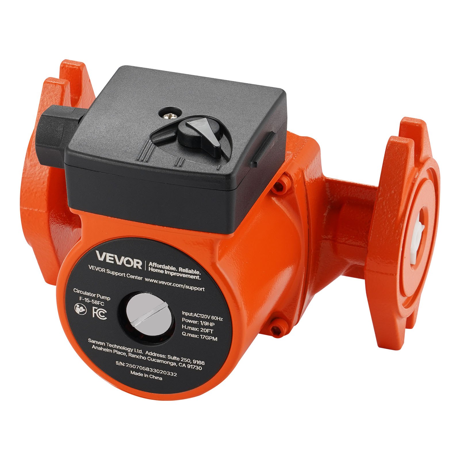 VEVOR F-15-58FC Cast Iron Circulator Pump – 17 GPM, 120V, 20 Ft Head, 3-Speed, 1" Flange, Quiet Operation For Home Heating